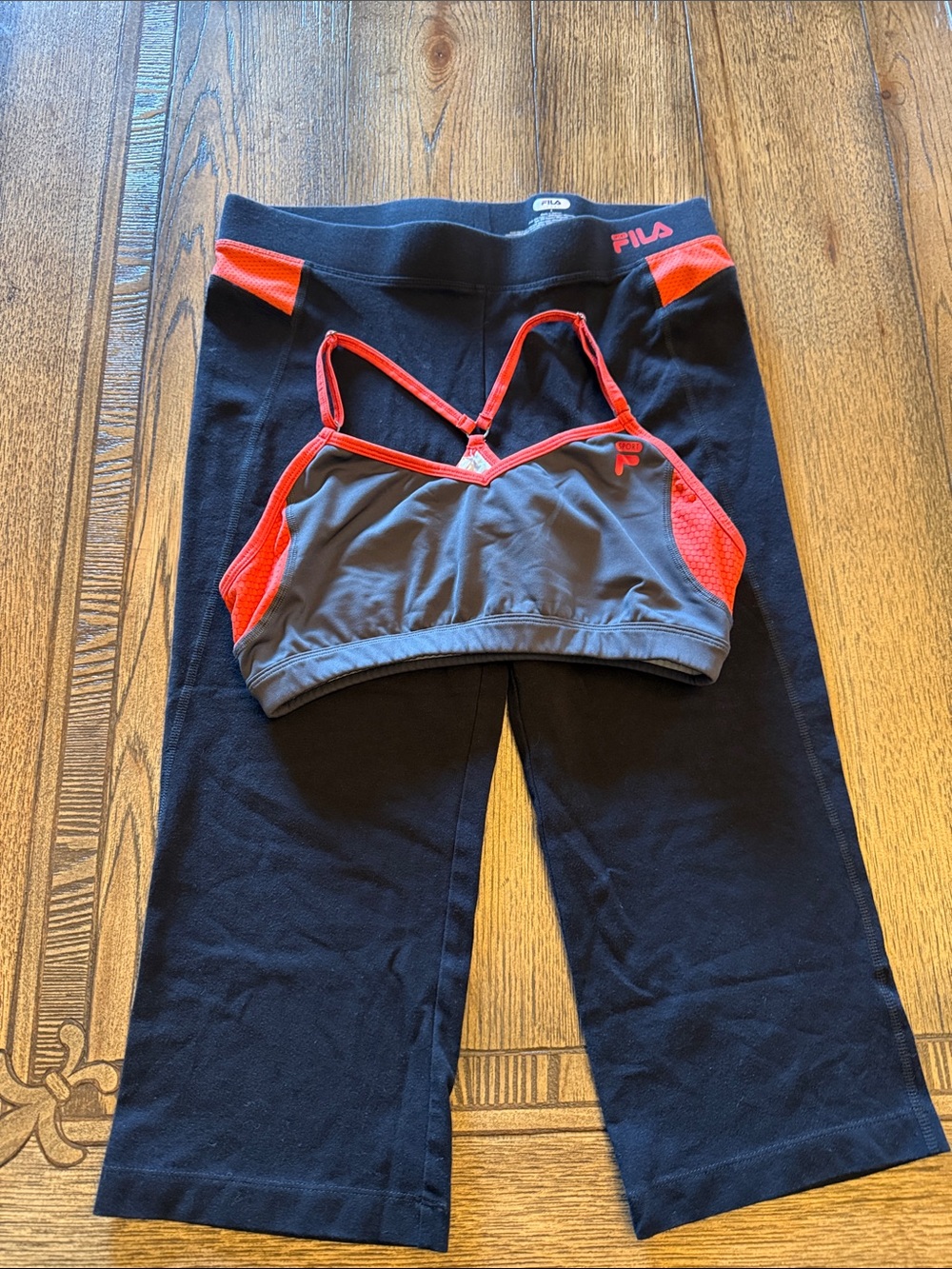 Fila Black Capri Joggers with Gray & Red Sports Bra set